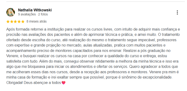 Avaliação Google · Instituto Venere
